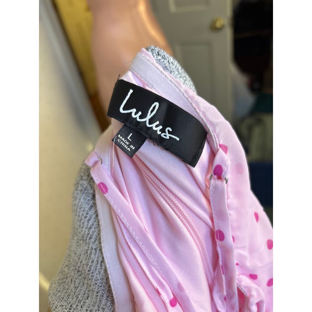 Lulus Nellie Pink Polka Dot Ruffled Strappy Midi Dress Large Coquette Barbycore - Picture 12 of 13